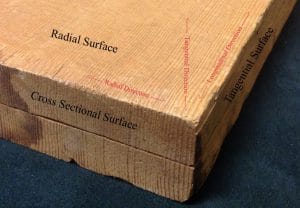 For the sake of this article the cross section will be referred to as end grain, the radial surface as quarter cut, and the tangential as slab.